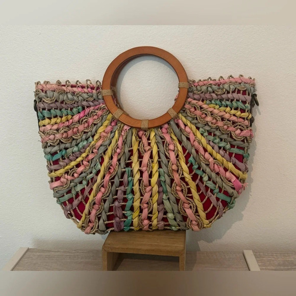 PATRICIA NASH Lesa Multicolor Pastel Straw Bag Wood Ring Handle Boho NO STRAP - Picture 2 of 11